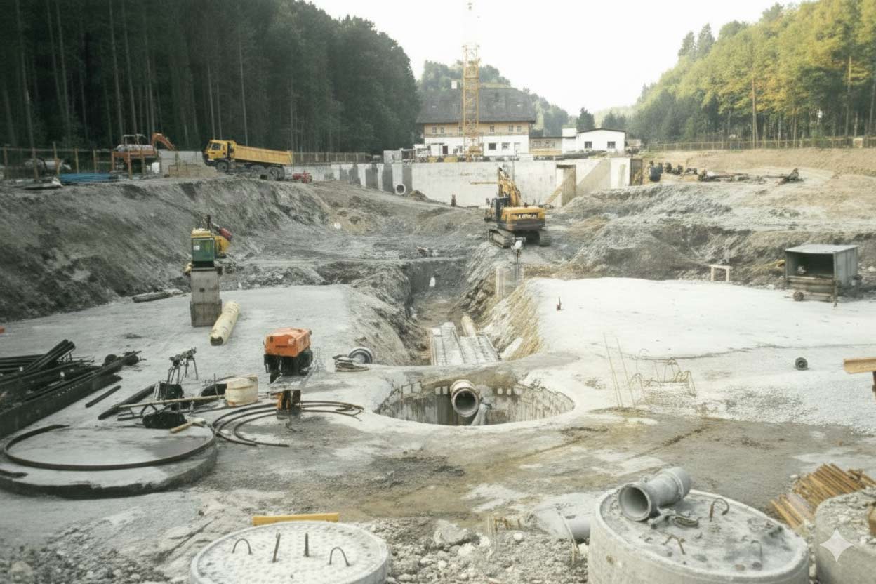 Betonieren des Nachklärbeckens im Jahr 1991